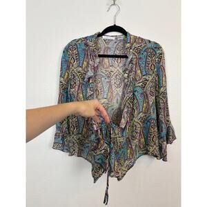 Hanna & Gracie Paisley 90's Y2K Silk Tie Wrap Sheer Blouse Bell Sleeve Large